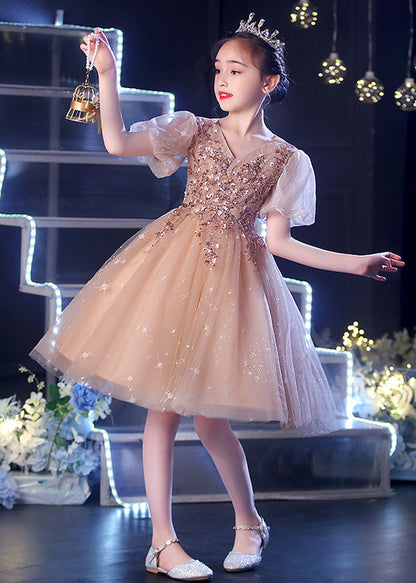Champagne Puff Sleeve Sequins Tulle Kids Dress Summer