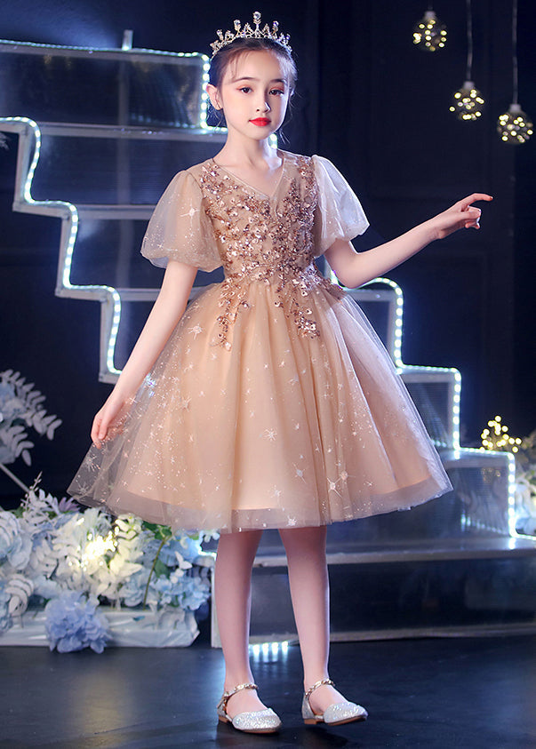 Champagne Puff Sleeve Sequins Tulle Kids Dress Summer