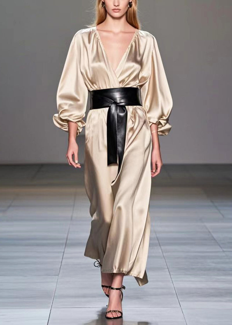 Champagne V Neck Cinched Silk Holiday Dress Spring