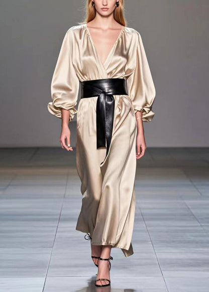 Champagne V Neck Cinched Silk Holiday Dress Spring