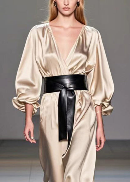 Champagne V Neck Cinched Silk Holiday Dress Spring
