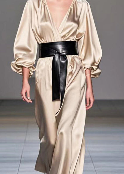 Champagne V Neck Cinched Silk Holiday Dress Spring