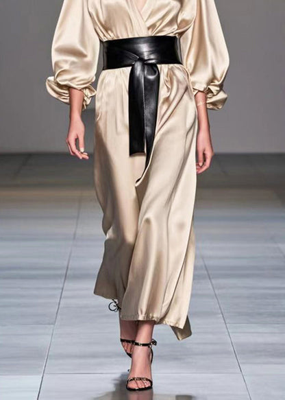 Champagne V Neck Cinched Silk Holiday Dress Spring