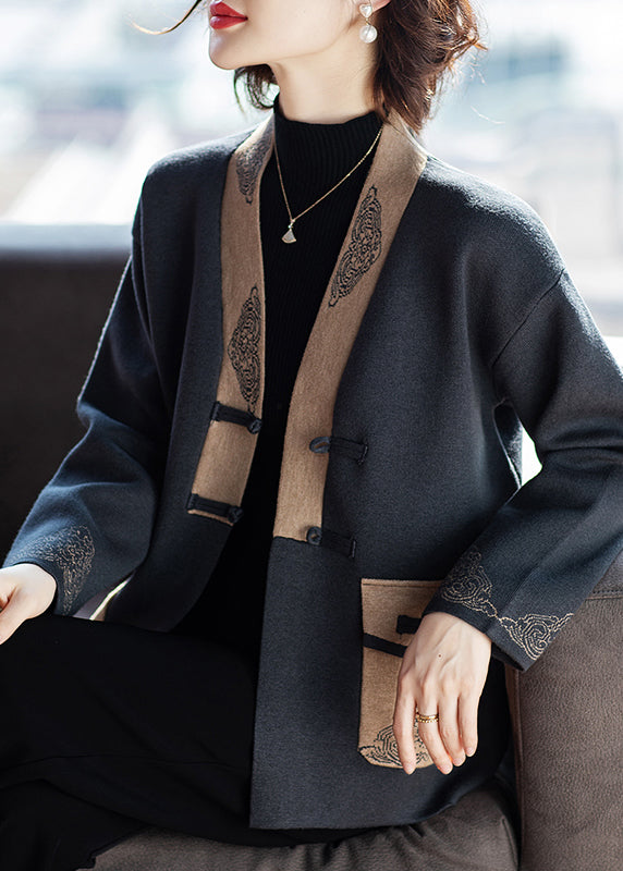 Charcoal Grey V Neck Print Pockets Woolen Coat Spring