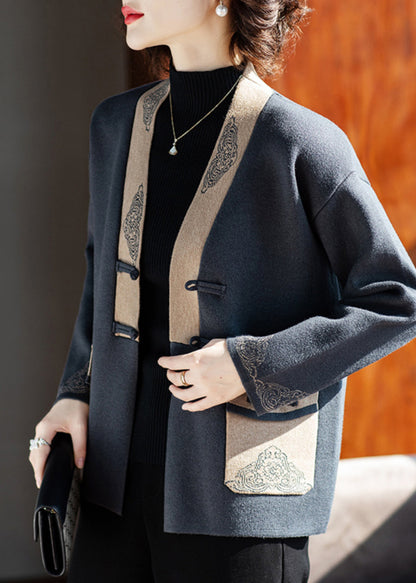 Charcoal Grey V Neck Print Pockets Woolen Coat Spring