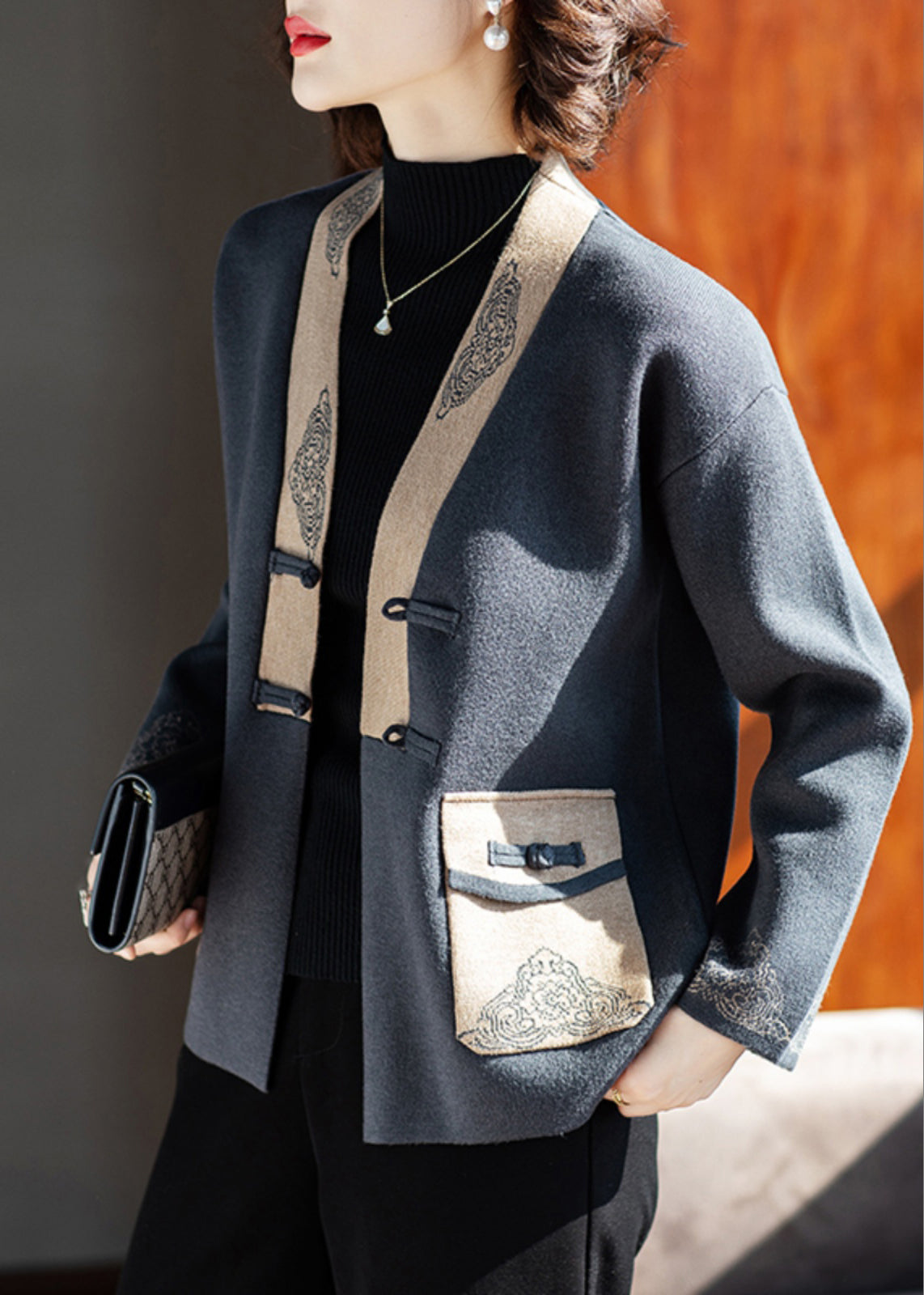 Charcoal Grey V Neck Print Pockets Woolen Coat Spring