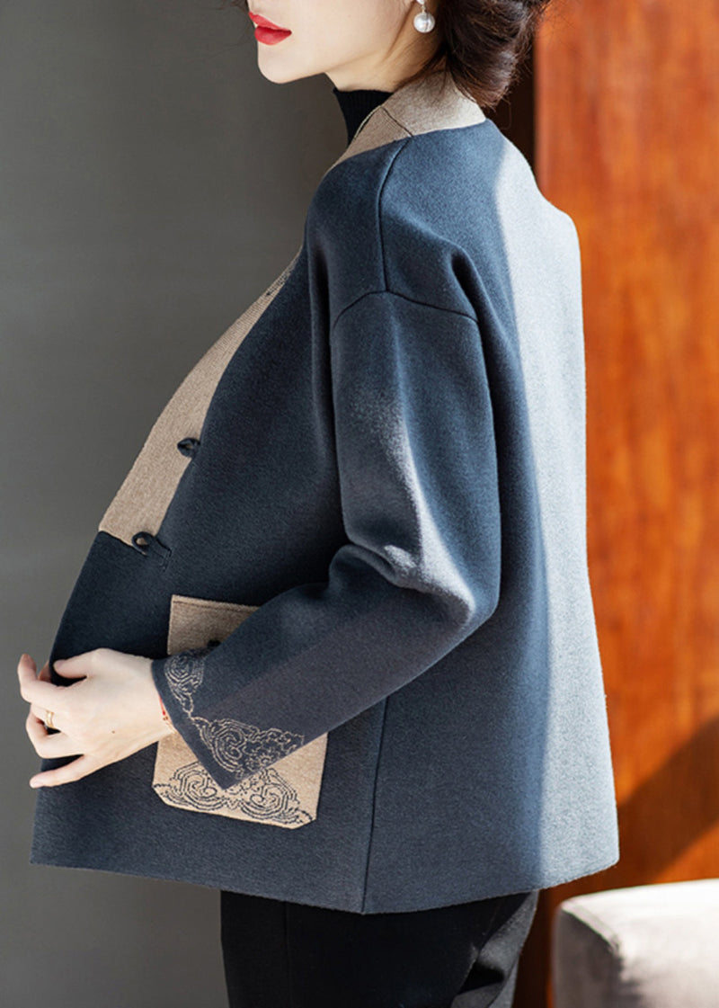 Charcoal Grey V Neck Print Pockets Woolen Coat Spring