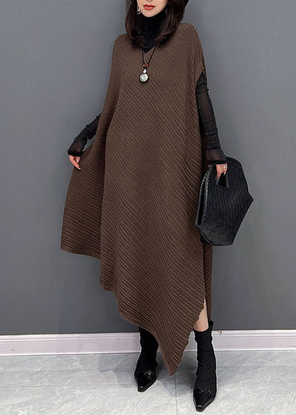 Chocolate Asymmetrical Design Wrinkled Cotton Holiday Dress Fall