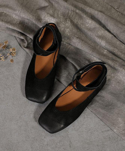 Chocolate Buckle Strap Ballet Flats Shoes Cowhide Leather