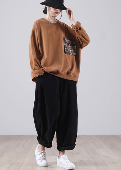 Chic Chocolate Loose O-Neck Pockets Fall Sweatshirts
