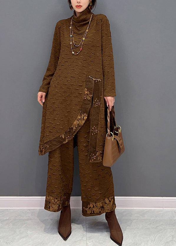 Chocolate Turtleneck Print Top and Pants Two Pieces Set Fall