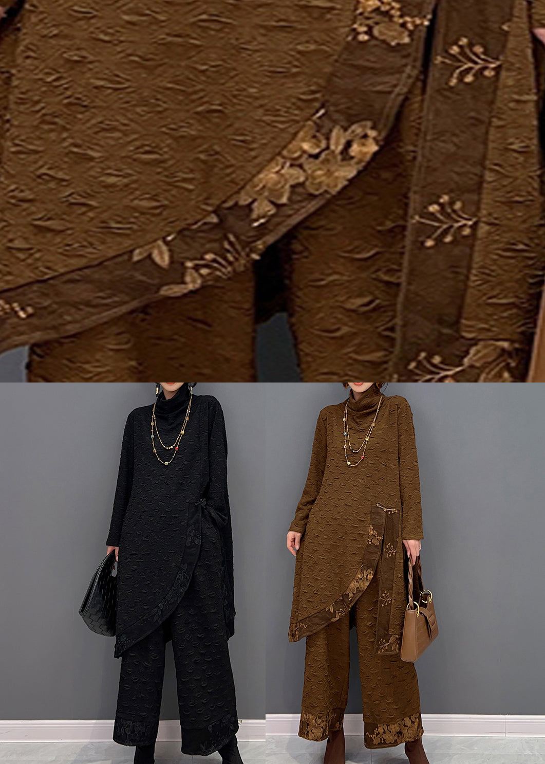 Chocolate Turtleneck Print Top and Pants Two Pieces Set Fall