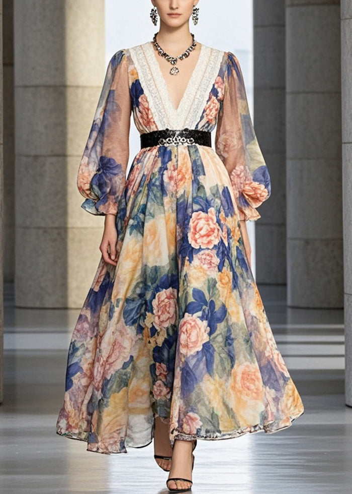 Cinched Flower Print Chiffon Holiday Dress Fall