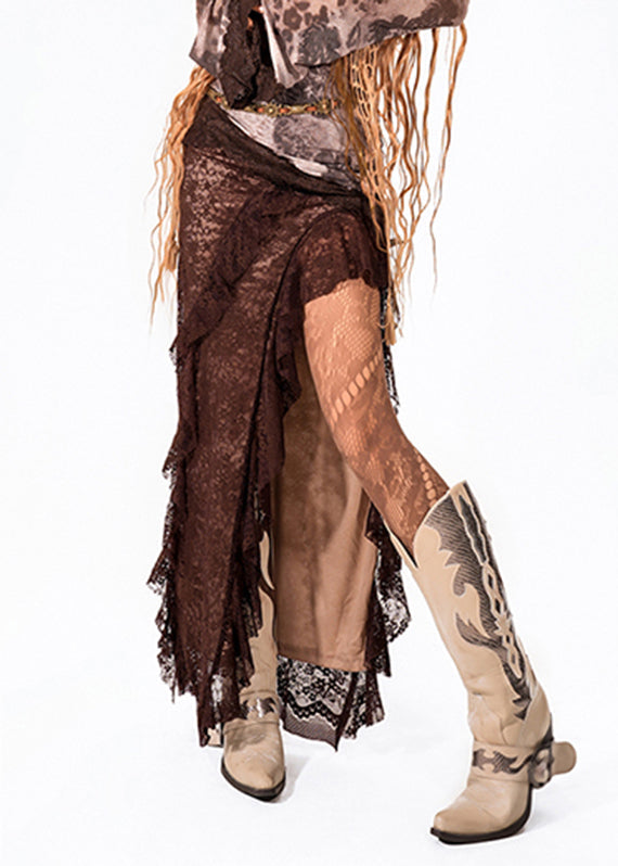 Coffee Asymmetrical Patchwork Side Open Maxi Skirts