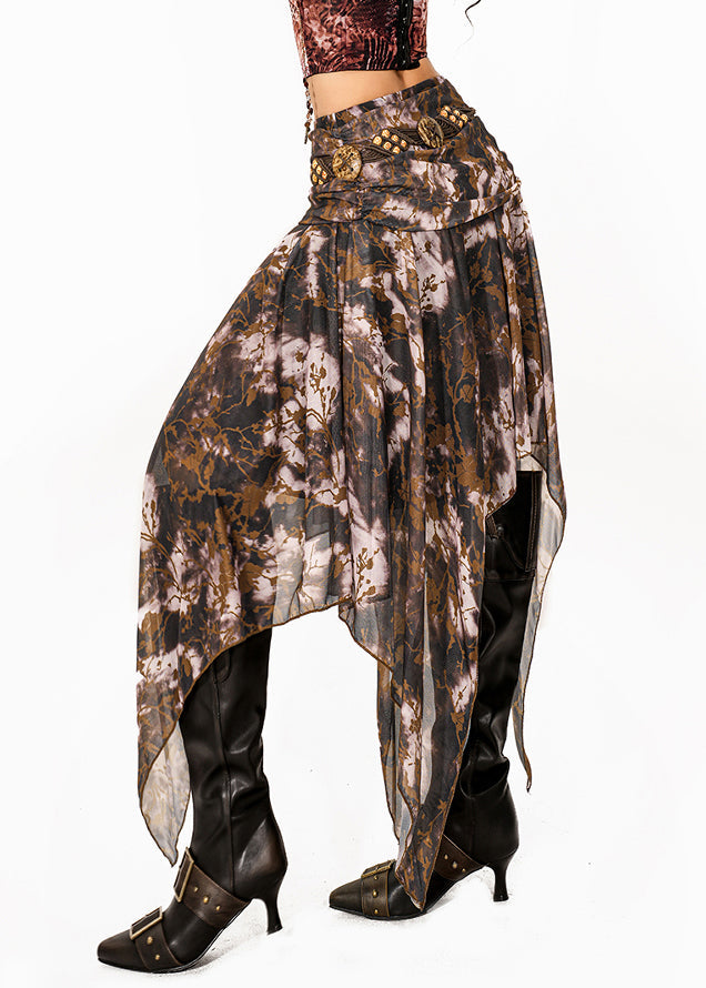 Coffee Asymmetrical Print a Line Skirt