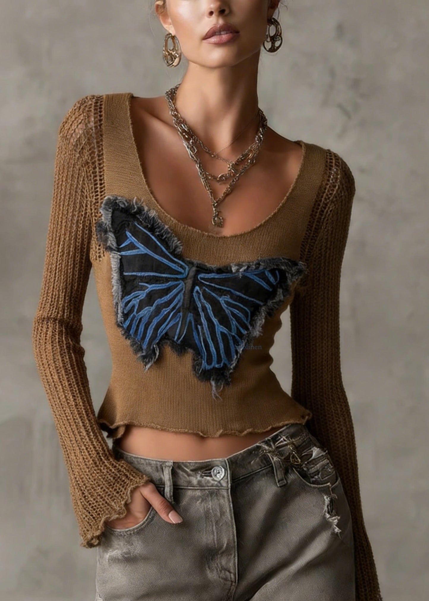 Chic Coffee Butterfly Patch Hollow Out Knit Top Flare Sleeve
