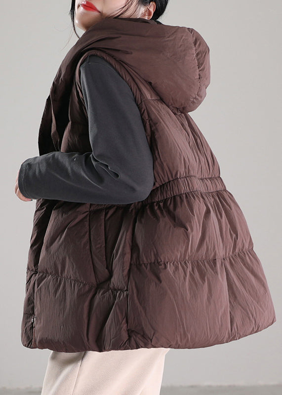 Coffee Drawstring Duck Down Hooded Waistcoat Winter