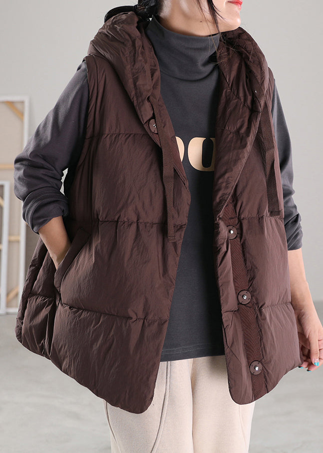Coffee Drawstring Duck Down Hooded Waistcoat Winter