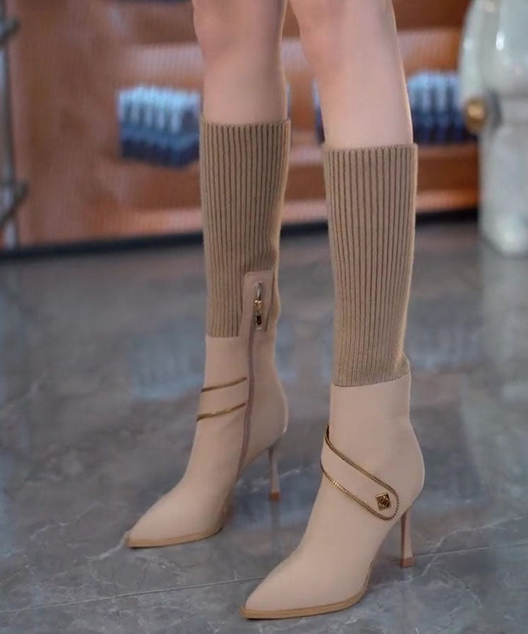 Coffee Elastic Knitting Splicing Faux Leather Heel Boots
