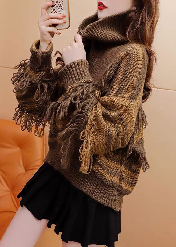 Coffee High Neck Zippered Patchwork Tassel Knit Pullover Winter