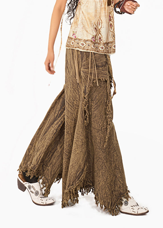 Coffee High Waist Tassel Wide Leg Pants Summer