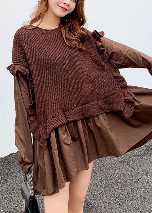 Coffee Knit Patchwork Ruffled Fall Sweaters
