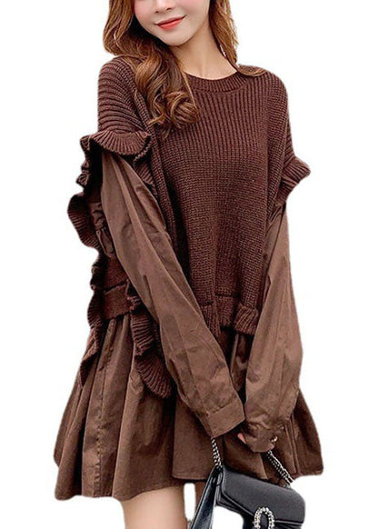Coffee Knit Patchwork Ruffled Fall Sweaters