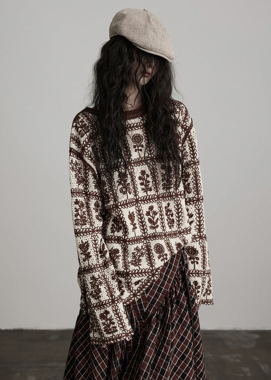 Coffee O Neck Jacquard Knit Sweater Winter