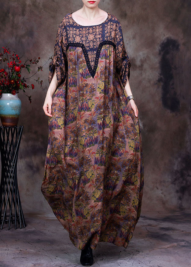 Coffee O-neck Lace Patchwork Print Silk Dresses Long Sleeve