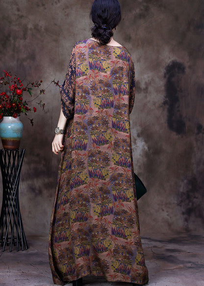 Coffee O-neck Lace Patchwork Print Silk Dresses Long Sleeve