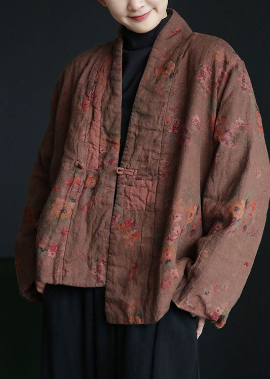 Coffee Oriental Button Patchwork Print Fine Cotton Filled Coats Winter