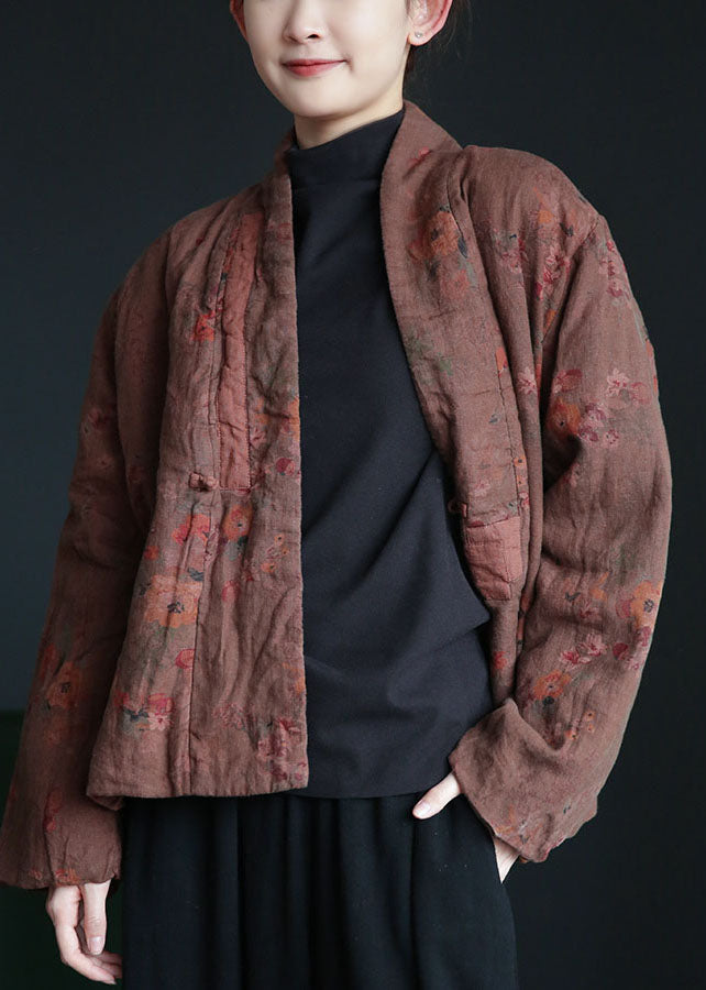 Coffee Oriental Button Patchwork Print Fine Cotton Filled Coats Winter