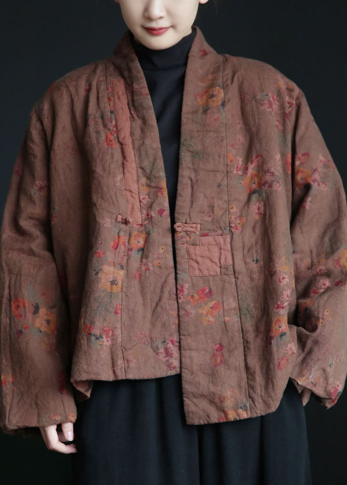 Coffee Oriental Button Patchwork Print Fine Cotton Filled Coats Winter