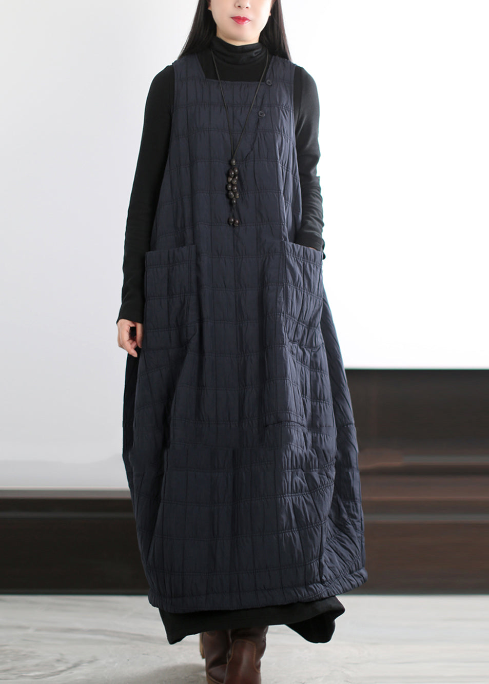 Coffee Oversized Pockets Fine Cotton Filled Long Dress Winter