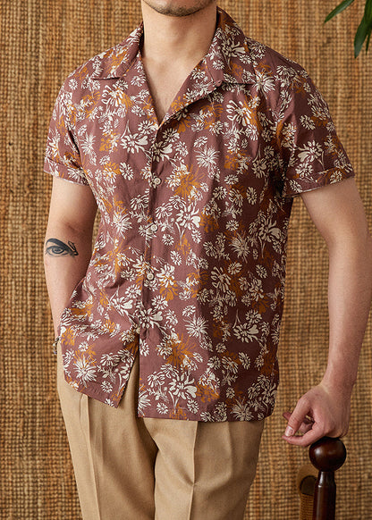 Coffee Peter Pan Collar Print Button Cotton Shirts Summer