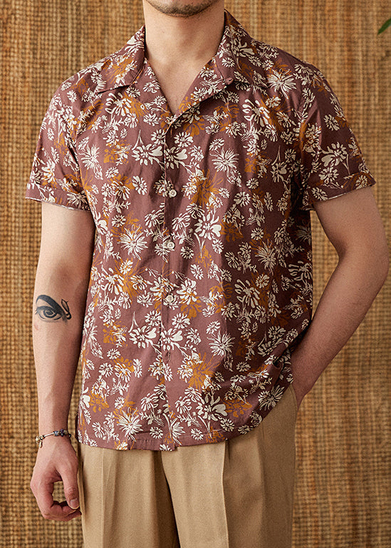 Coffee Peter Pan Collar Print Button Cotton Shirts Summer