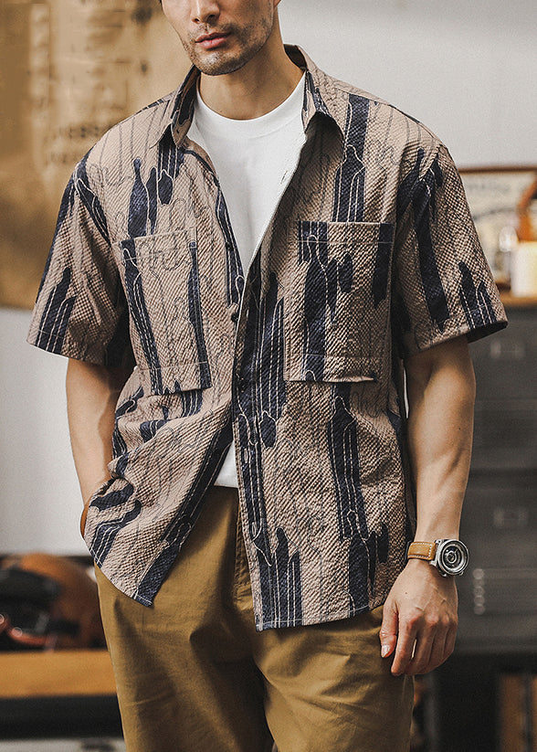 Coffee Peter Pan Collar Print Cotton Shirts Summer