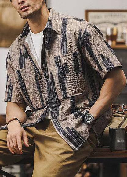 Coffee Peter Pan Collar Print Cotton Shirts Summer