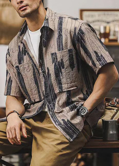 Coffee Peter Pan Collar Print Cotton Shirts Summer
