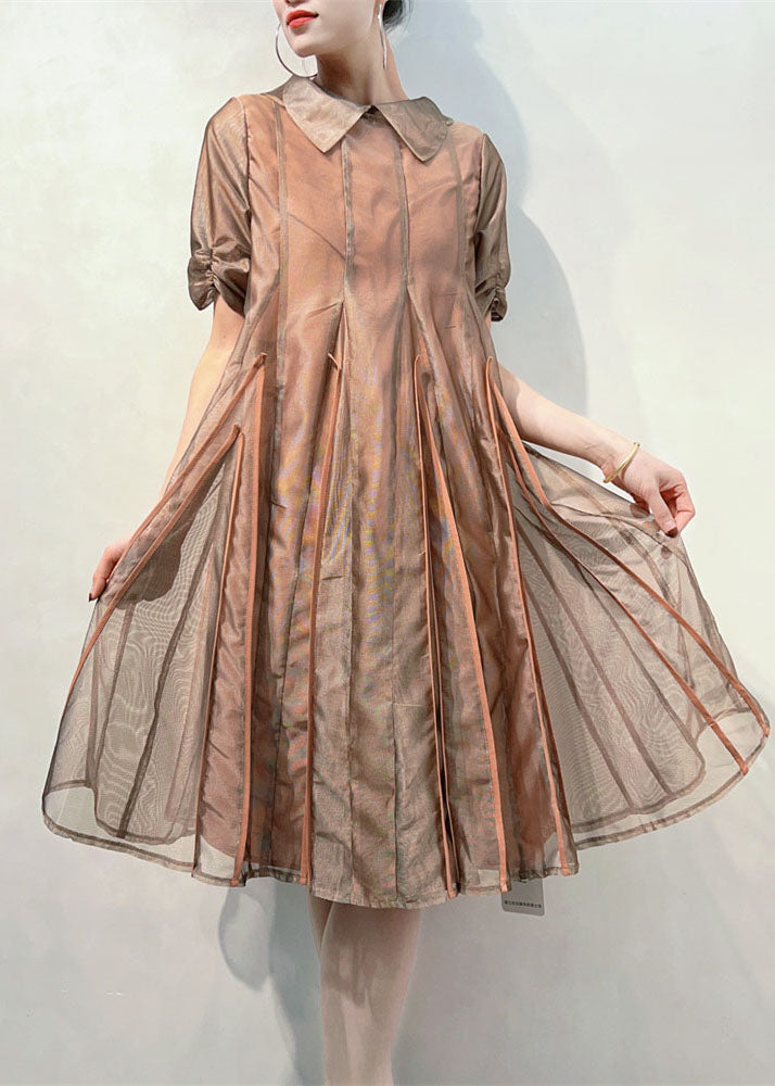 Coffee Peter Pan Collar Wrinkled Patchwork Tulle Dress Summer