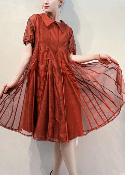 Coffee Peter Pan Collar Wrinkled Patchwork Tulle Dress Summer