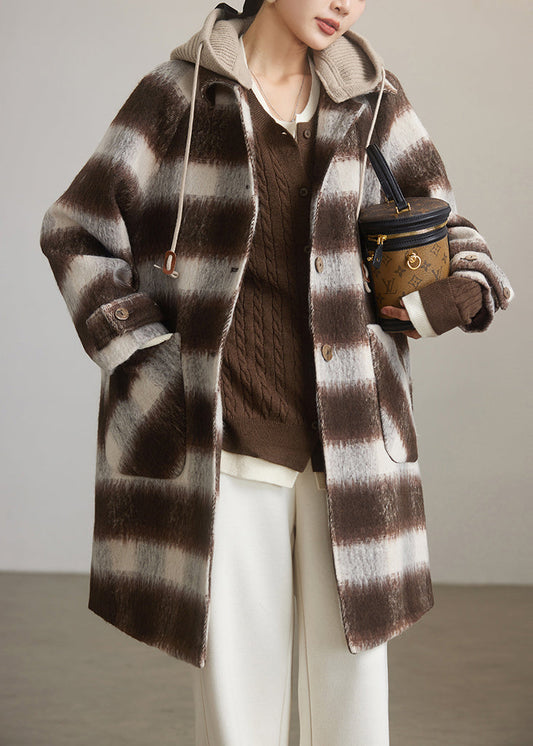 Coffee Plaid Hooded Patchwork Woolen Coats Spring