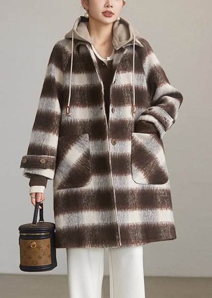 Coffee Plaid Hooded Patchwork Woolen Coats Spring