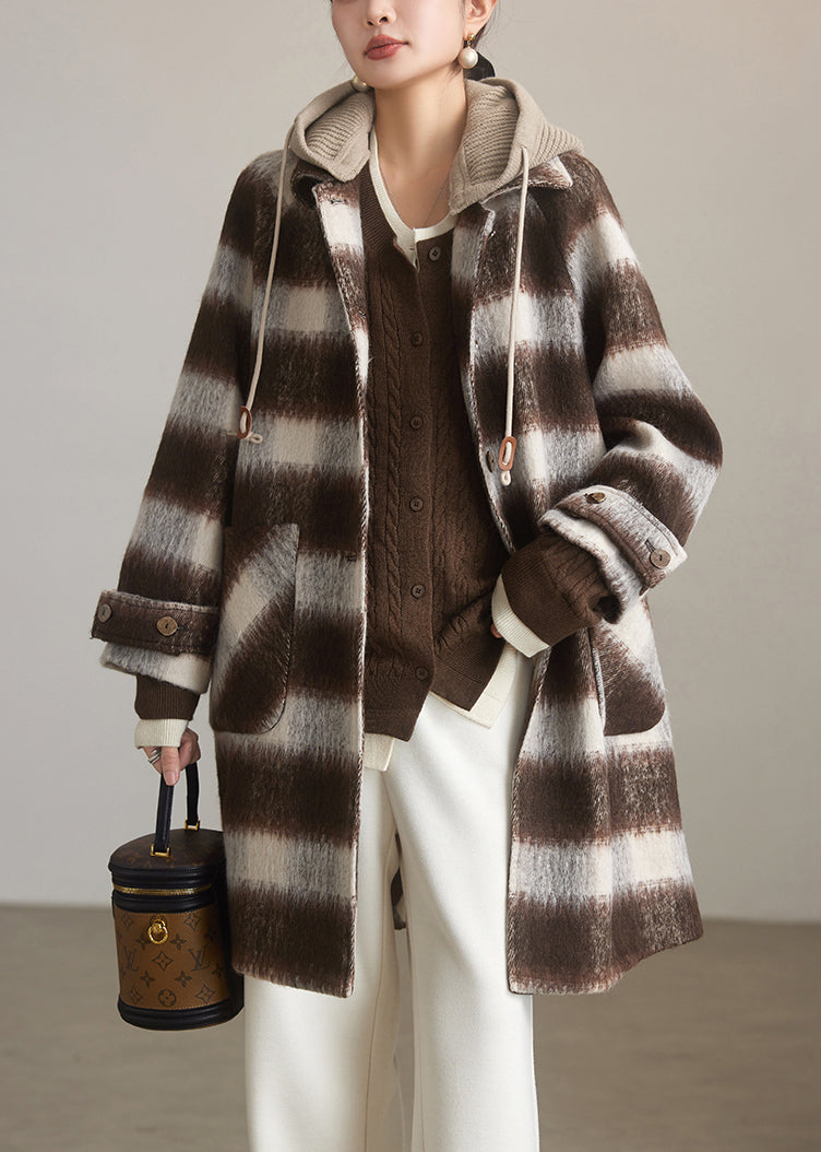 Coffee Plaid Hooded Patchwork Woolen Coats Spring