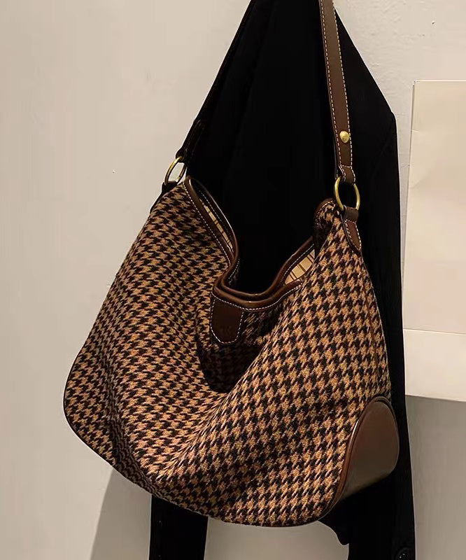 Coffee Plaid Woolen Large Capacity Satchel Handbag