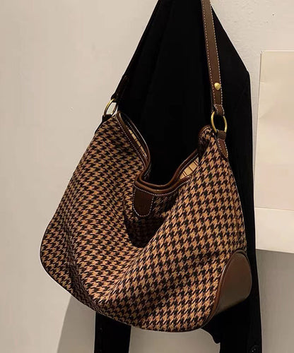 Coffee Plaid Woolen Large Capacity Satchel Handbag