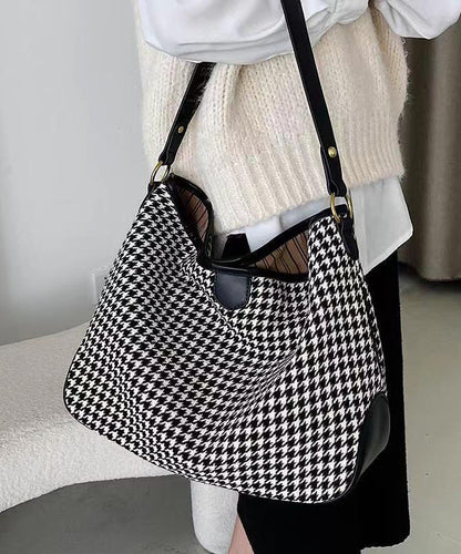 Coffee Plaid Woolen Large Capacity Satchel Handbag