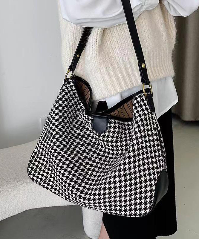Coffee Plaid Woolen Large Capacity Satchel Handbag