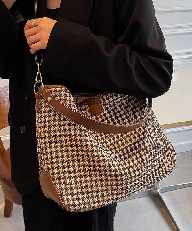 Coffee Plaid Woolen Large Capacity Satchel Handbag