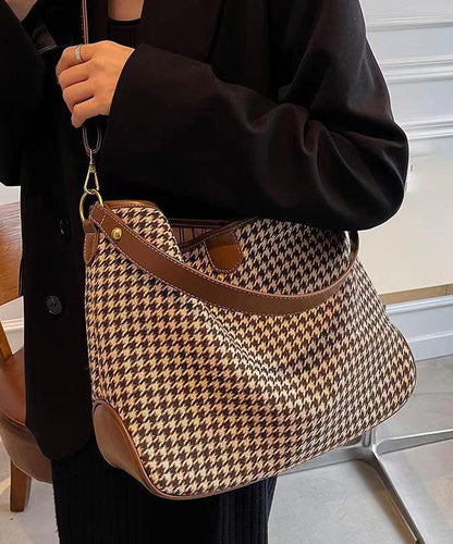 Coffee Plaid Woolen Large Capacity Satchel Handbag